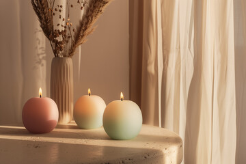 Three spherical candles on table near curtain, warm natural light and botanical decoration