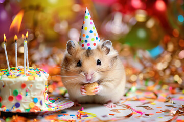 
A hamster is wearing a party hat and eating a piece of cake. The scene is festive and joyful, with the hamster being the center of attention