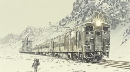 treno passeggeri artico con montagne innevate sullo sfondo e persona, illustrazione a matita digitale
