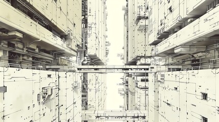 costruzione industriale distopiche, concept di città del futuro, illustrazione a matita digitale