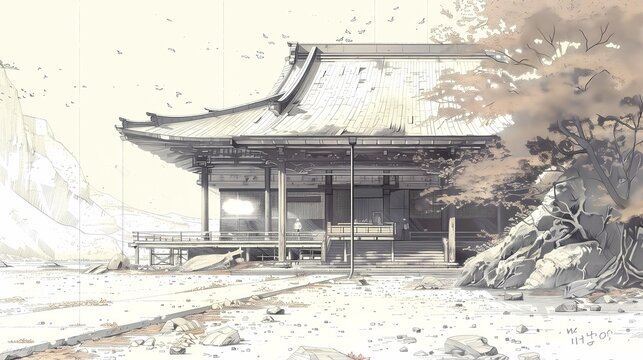 casa orientale giapponese in legno nella natura con strada in primo piano, illustrazione a matita digitale