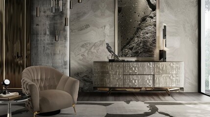 Elegant living space featuring a plush armchair and sleek sideboard minimalist decor neutral colors inviting atmosphere