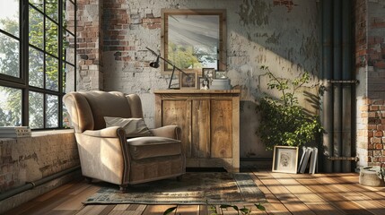 Modern room with a plush armchair and rustic wooden cabinet natural textures cozy feel