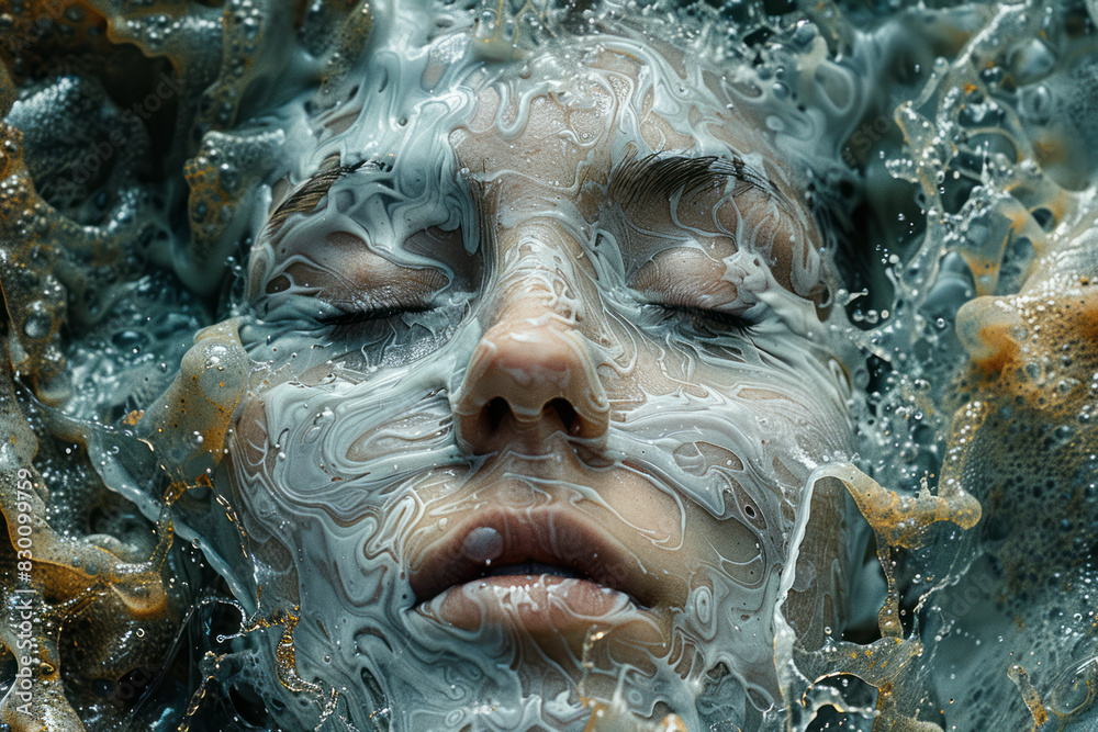 Poster image of a human face dissolving into a cascade of liquid, each droplet containing swirling, abstrac