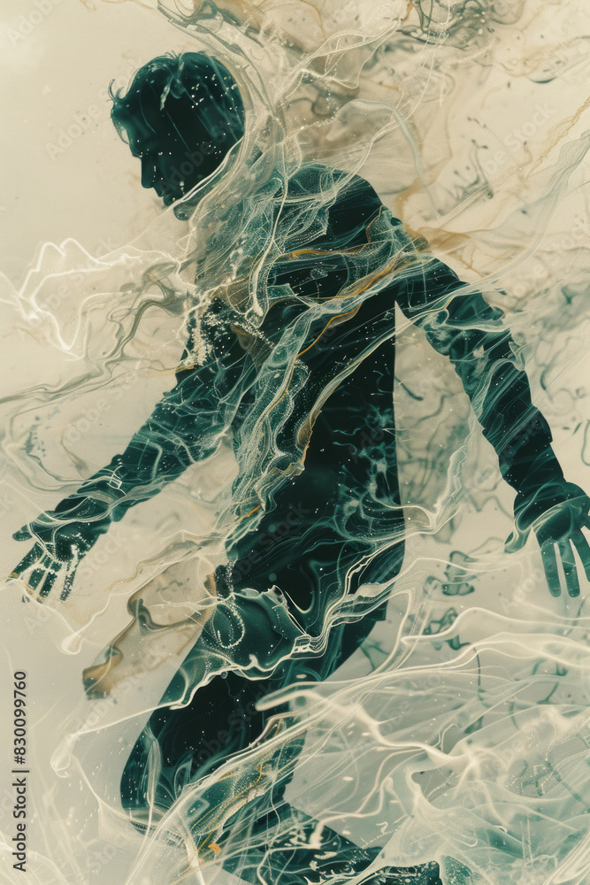 Poster illustration of a human body with their arms and legs turning into fluid streams, merging into a bac