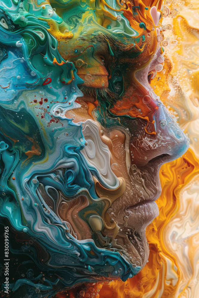 Poster illustration of a human body breaking apart into fluid segments, each segment merging into a sea of 
