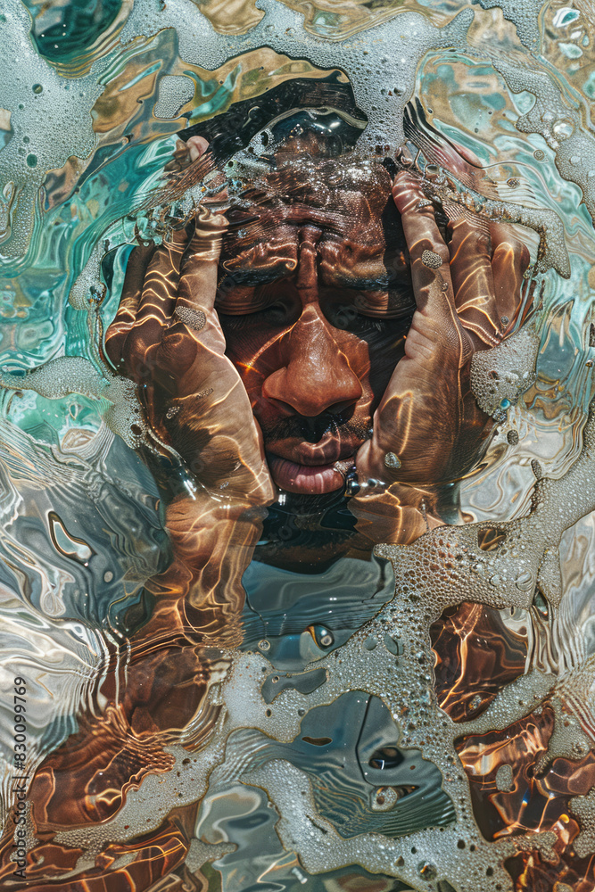 Poster illustration of a human body breaking apart into fluid segments, each segment merging into a sea of 