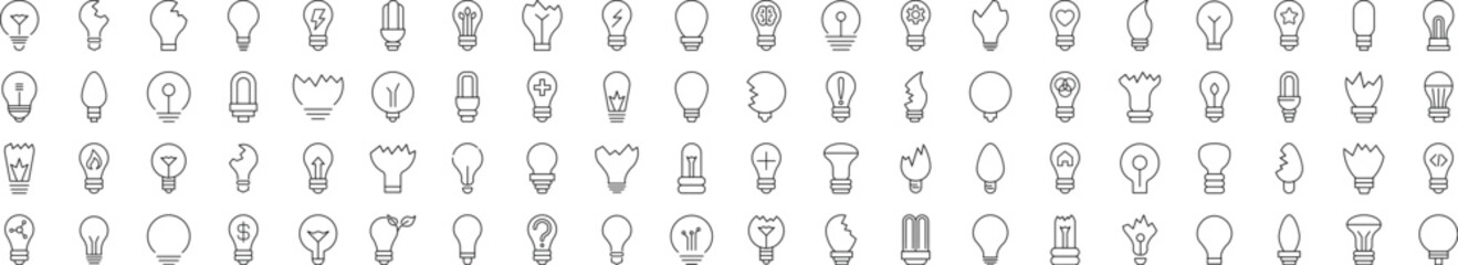 Collection of Icons of Lightbulbs. Suitable for books, stores, shops. Editable stroke in minimalistic outline style. Symbol for design