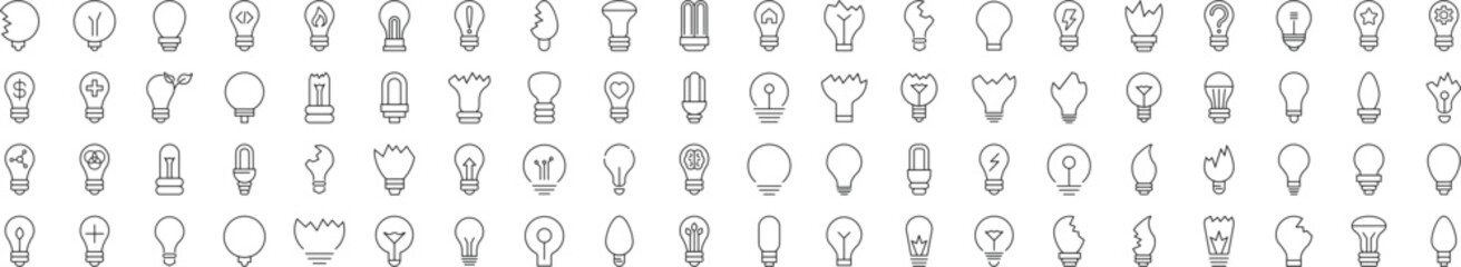 Collection of icons of Lightbulbs for Advertisement. Suitable for books, stores, shops. Editable stroke in minimalistic outline style. Symbol for design