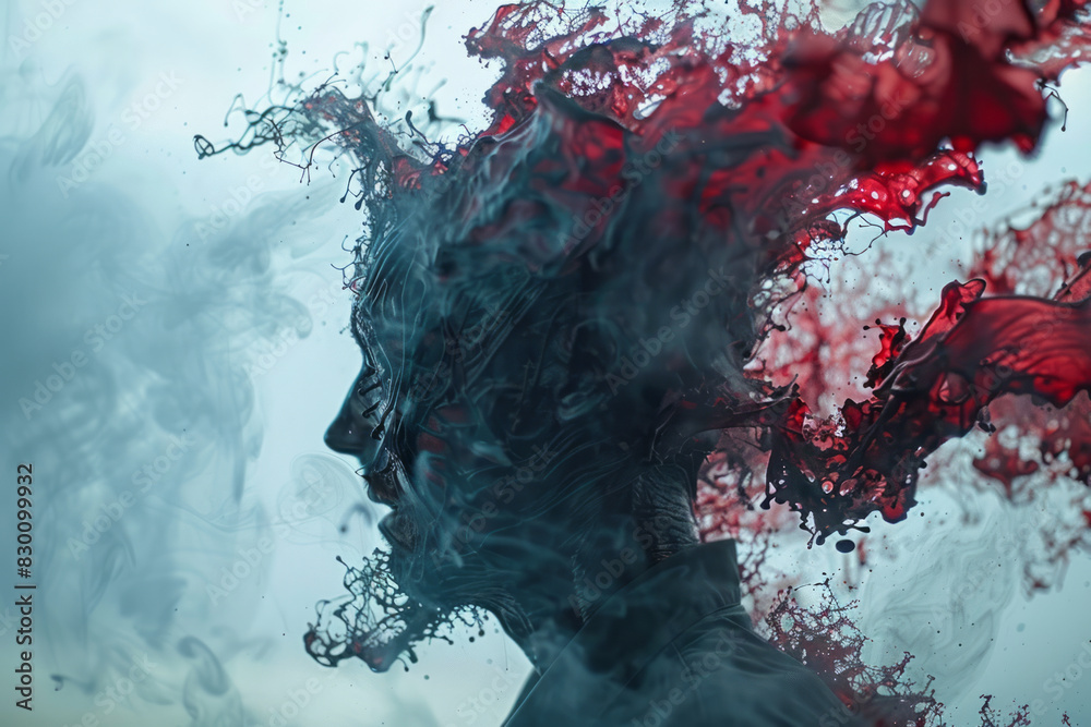Poster artistic depiction of a human silhouette dissolving from the inside out, with internal organs transf
