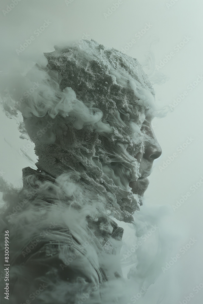 Aufkleber Scene showing a human figure with parts of their body evaporating into a cloud of mist, with intricate, abstract patterns representing the dissolution,