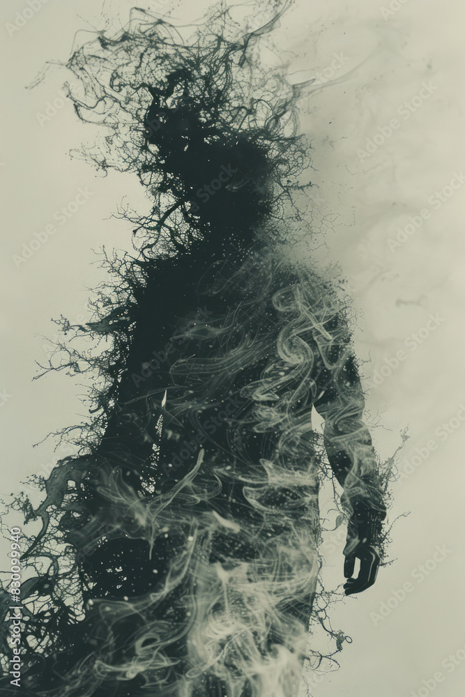 Poster Scene showing a human figure with parts of their body evaporating into a cloud of mist, with intricate, abstract patterns representing the dissolution,