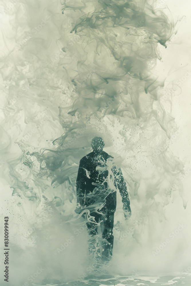 Poster Scene showing a human figure with parts of their body evaporating into a cloud of mist, with intricate, abstract patterns representing the dissolution,