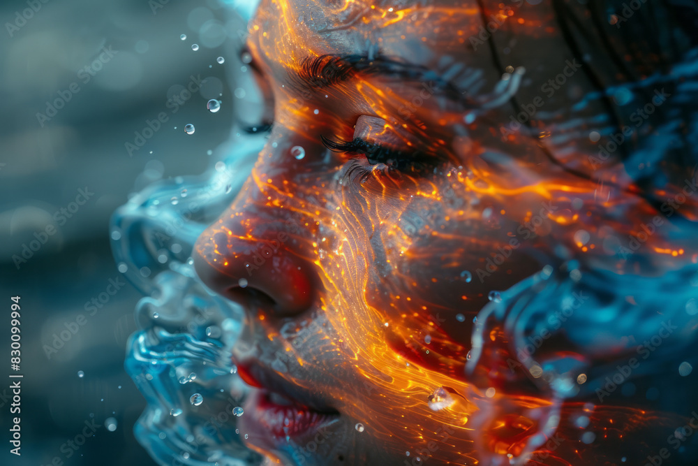 Poster Image of a human face partially disintegrating into droplets of liquid, with the droplets forming swirling, colorful patterns as they fall,