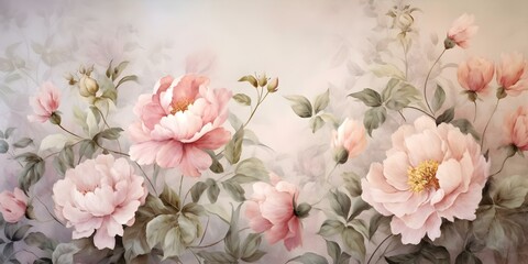 Watercolor floral pattern featuring peonies and leaves in soft colors on a vintage background. Concept Floral Pattern, Watercolor Art, Peonies, Leaves, Vintage Background