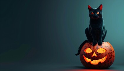 Black Cat Sitting on JackOLantern for Halloween Horror Concept