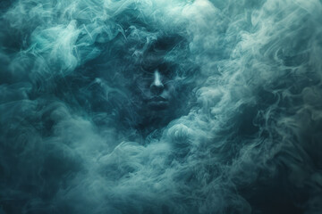 Obraz premium Illustration of a human figure standing in the center of dark, swirling clouds, their face obscured by the fog to represent confusion,