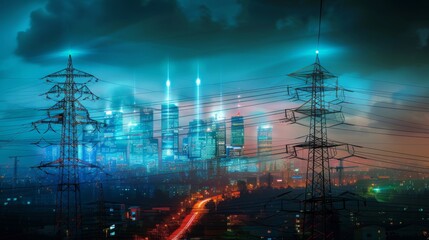 A digital composite image of a futuristic city skyline with illuminated skyscrapers and glowing power lines, representing urban development and energy infrastructure