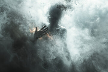 Illustration of a person reaching out through a thick fog, their hand barely visible as dark clouds swirl around them,