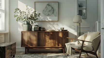 Scandinavianinspired living space with a comfortable armchair and sleek cabinet neutral tones bright and airy