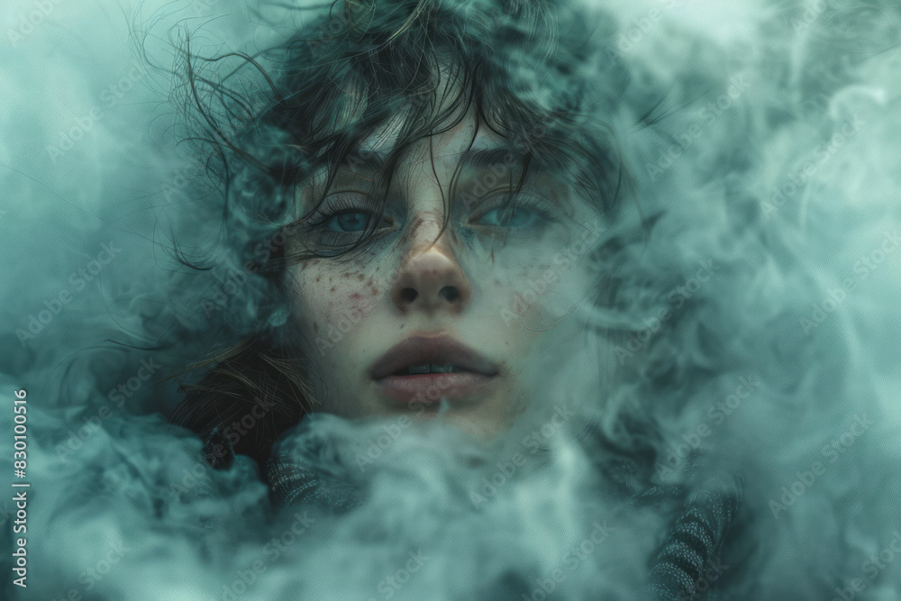 Poster scene of a person surrounded by dense, dark clouds, their face contorted in a dazed expression,