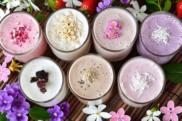 Assorted Smoothies in Bowls with Toppings, Healthy and Nutritious, Vibrant Breakfast Option, Top View