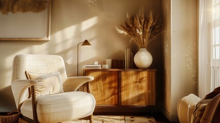 Cozy living room featuring a vintage armchair and sleek cabinet natural textures warm colors...