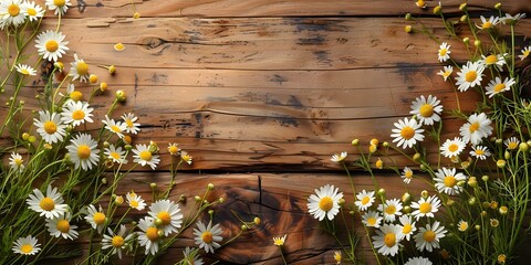 Overhead shot of daisies on a rustic wood background capturing the essence of spring. Concept Spring Florals, Daisy Photography, Rustic Background, Overhead Shot, Nature Aesthetics