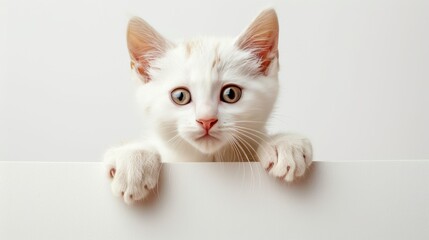 Adorable white kitten with curious expression peeking over a blank white surface isolated on a white background. Generative Ai