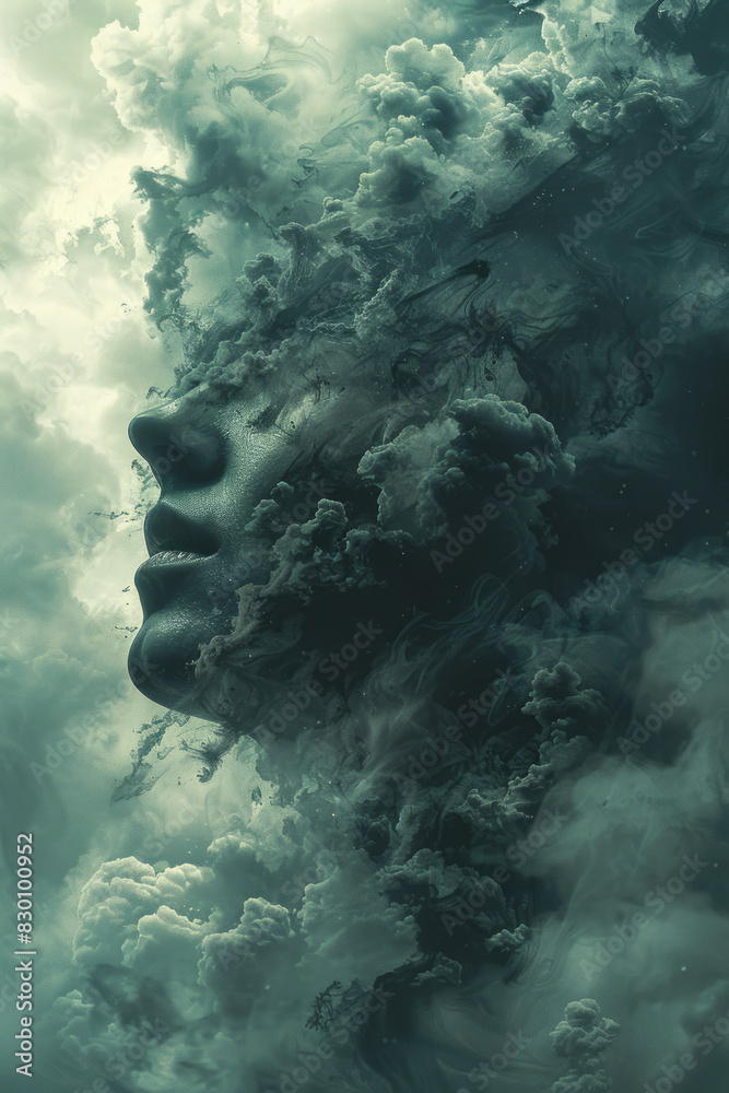 Poster illustration of a person trying to push away dark clouds that surround them, symbolizing the struggl