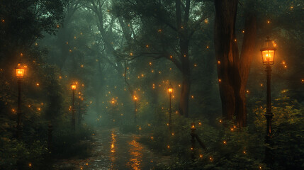 Fototapeta premium A forest at night with glowing lights on the trees