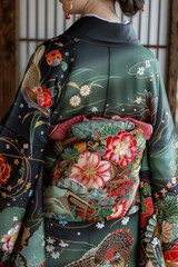 Japanese Kimono with Floral Pattern and Gold Embroidery
