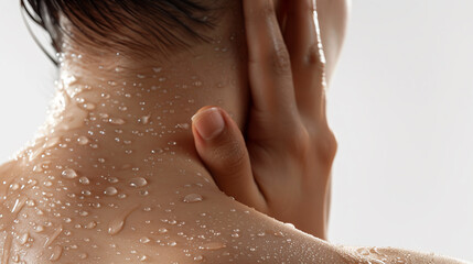 Fototapeta premium A close-up image showing a hand gently touching a person's wet neck, emphasizing freshness and skincare.