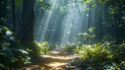 Obraz premium Sunlight dances on a serene nature path, weaving its way through the dense forest and inviting you to explore its hidden beauty