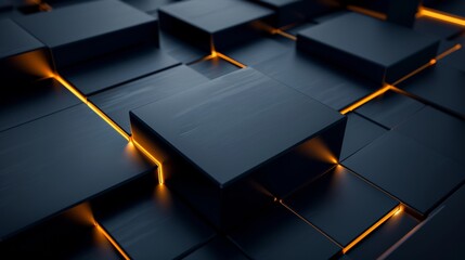 Modern black and orange geometric blocks creating a dynamic and futuristic pattern with illuminated edges and smooth surfaces. Generative Ai