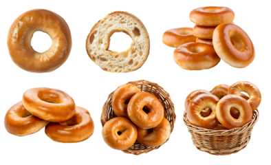 Plain classic bagel bread roll on transparent background cutout, PNG file. Many assorted different design angles, stack, broken, basket, top view. Mockup template for artwork