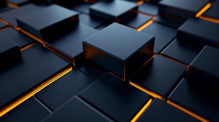 Modern black and orange geometric blocks creating a dynamic and futuristic pattern with illuminated edges and smooth surfaces. Generative Ai