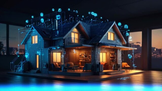 Within the looping smart home technology, the banner portrays the concept of system intelligent control in housing against a blue neon background.