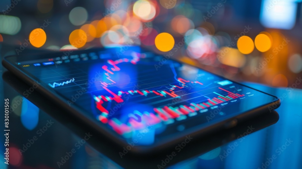 Poster a digital tablet displaying a stock market graph with fluctuating trends, depicting the dynamic natu