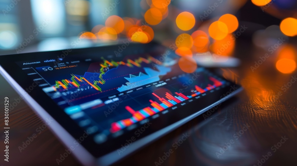 Poster a digital tablet displaying a stock market graph with fluctuating trends, depicting the dynamic natu