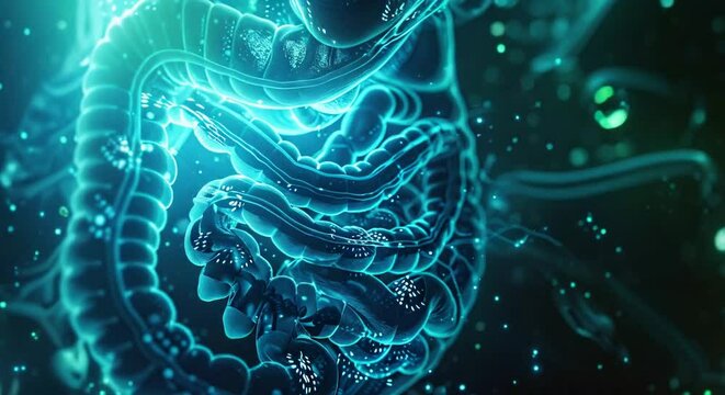 A glowing blue illustration of the human digestive system.