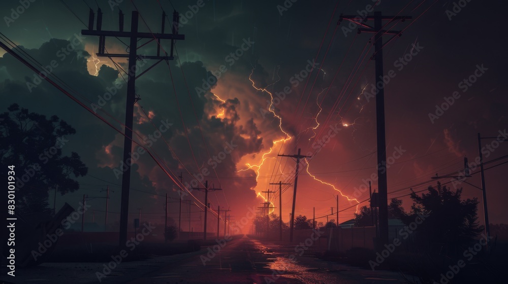 Poster a dramatic lightning storm illuminating the night sky behind rows of power lines and utility poles, 
