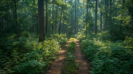 Obraz premium Sunlight dances on a serene nature path, weaving its way through the dense forest and inviting you to explore its hidden beauty