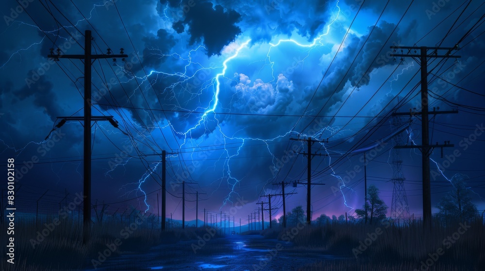 Poster a dramatic lightning storm illuminating the night sky behind rows of power lines and utility poles, 