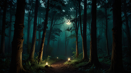 Fototapeta premium immerse-yourself-in-a-mystical-setting-deep-within-the-forest-where-flickering-candles-and-a-symboli