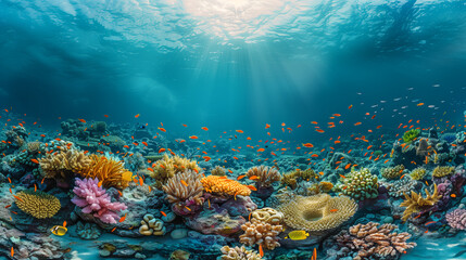 Fototapeta premium Vibrant underwater scene with colorful coral reefs and fish lit by sunlight filtering through the water.