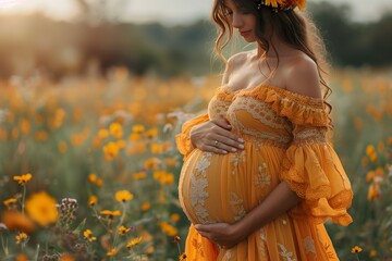 Pregnant Woman in Yellow Dress Surrounded by Wildflowers - ai generative