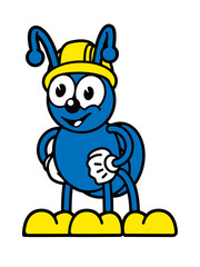 cartoon illustration of a blue ant with a safety yellow  helmet