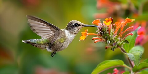 Fototapeta premium Capturing the Graceful Essence of Nature: A Hummingbird Feeding from a Delicate Blossom. Concept Nature Photography, Wildlife Capture, Hummingbird Behavior, Floral Environment, Graceful Moments