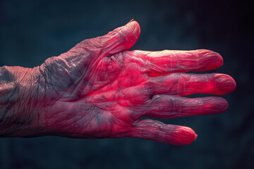 Image of a hand with bright pink and red tones, gradually turning gray and black towards the fingertips, highlighting loss of health and vitality,